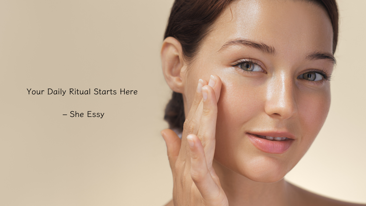 Young woman applying skincare, morning glow-up routine with She Essy